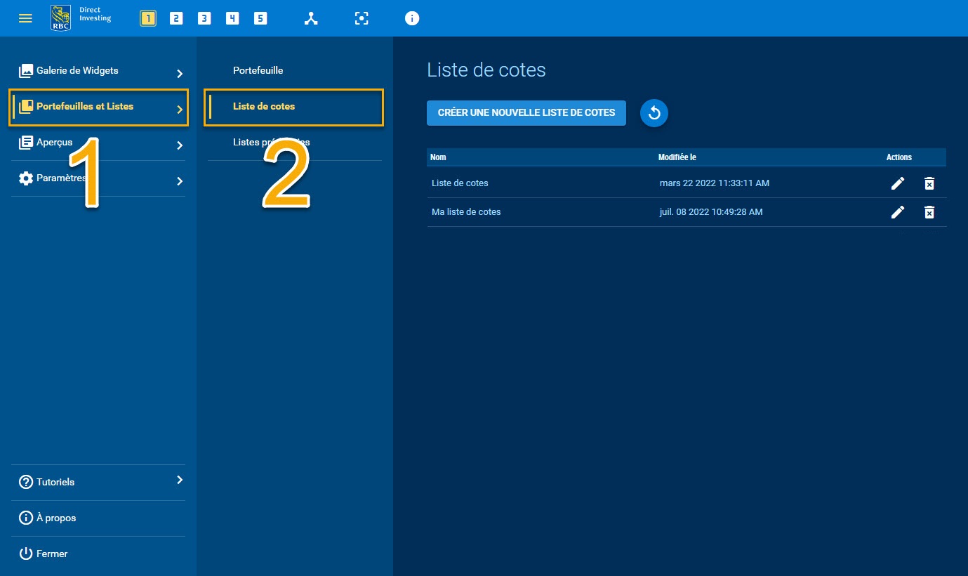 Comment ouvrir une liste de cotes à partir du menu principal du Tableau de bord des opérations